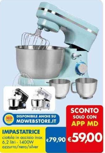 MD Discount IMPASTATRICE ciotola in acciaio inox 6,2 litri - 1400W azzurro/nero/silver offerta
