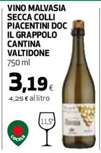 Coop VINO MALVASIA SECCA COLLI PIACENTINI DOC IL GRAPPOLO CANTINA VALTIDONE 750 ml offerta