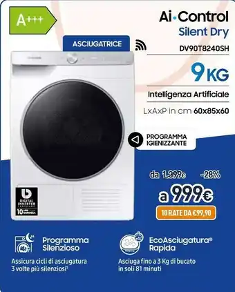 Unieuro Samsung DV90T8240SH Libera Installazione Caricamento Frontale Bianco 9 Kg A+++ offerta
