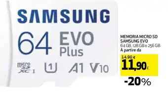 Coop MEMORIA MICRO SD SAMSUNG EVO 64 GB, 128 GB o 256 GB offerta
