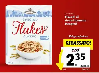 Lidl Crownfield Fiocchi di riso e frumento integrali 500 g offerta