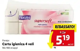 Lidl Floralys Carta igienica 4 veli 10x 180 strappi offerta
