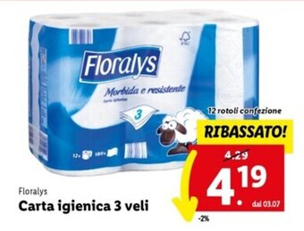 Lidl Floralys Carta igienica 3 veli 12 rotoli offerta