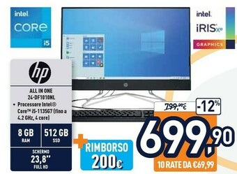 Unieuro HP 24-df1010n 60,5 Cm (23.8") 1920 X 1080 Pixel Intel® Core™ I5 Di Undicesima Generazione 8 GB DDR4-SDRAM 512 GB SSD PC All-i offerta