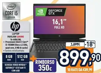 Unieuro HP Pavilion Gaming 16-a0043nl DDR4-SDRAM Computer Portatile 40,9 Cm (16.1") 1920 X 1080 Pixel Intel® Core™ I5 Di Decima Gener offerta