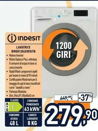 Unieuro Indesit BWE 81284X WS IT N Lavatrice Libera Installazione Caricamento Frontale 8 Kg 1200 Giri/min C Bianco offerta