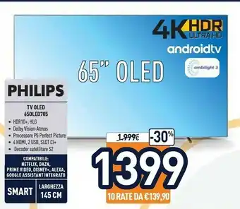 Unieuro Philips 65OLED705 165,1 Cm (65") 4K Ultra HD Smart TV Wi-Fi Nero offerta