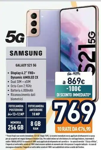 Unieuro Samsung Galaxy S21 5G 256 GB Display 6.2" Dynamic AMOLED 2X Phantom Gray offerta