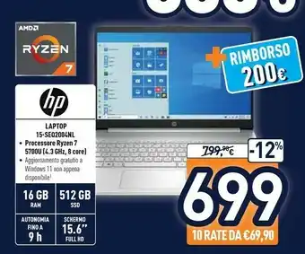 Unieuro HP 15s-eq2004nl DDR4-SDRAM Computer Portatile 39,6 Cm (15.6") 1920 X 1080 Pixel AMD Ryzen 7 16 GB 512 GB SSD Wi-Fi 5 (802.11a offerta