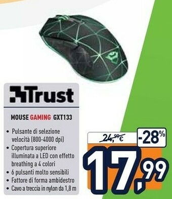 Unieuro Trust GXT 133 Locx Mouse Mano Destra USB Tipo A Ottico 4000 DPI offerta