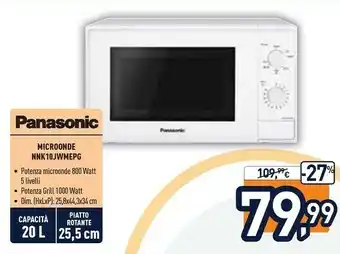 Unieuro Panasonic NN-K10J , Microonde Grill, 20 Lt, Pannello Intuitivo offerta