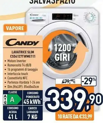 Unieuro Candy CSS4127TWME/1-11 Lavatrice Libera Installazione Caricamento Frontale Bianco 7 Kg 1200 Giri/min A+++-30% offerta