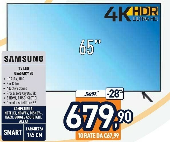 Samsung TV Crystal UHD 4K 65” UE65AU7170 Smart TV Wi-Fi Titan Gray 2021  offerta di Unieuro