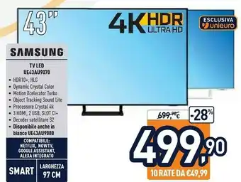 Unieuro Samsung Series 9 TV Crystal UHD 4K 43” UE43AU9070 Smart TV Wi-Fi Black 2021 offerta