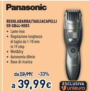 Unieuro Panasonic ER-GB44, Regolabarba E Tagliacapelli, Pettine Accessorio, Wet&Dry, Nero offerta