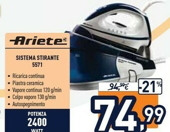 Unieuro Ariete Steam Power Easy 5571 2400 W 1,8 L Ceramica Blu, Bianco offerta
