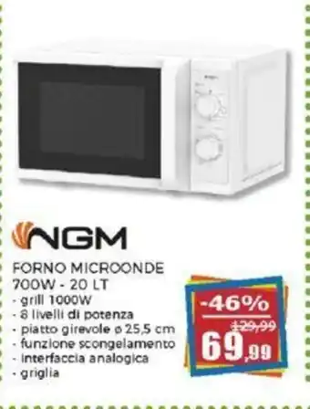 NGM FORNO MICROONDE 700W - 20 LT - grill 1000W - 8 livelli di potenza - piatto girecole Ø 25,5 cm -funzione scongelamento