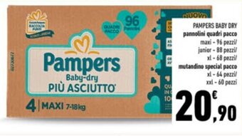 Conad PAMPERS BABY DRY pannolini quadri pacco maxi - 96 pezzi offerta