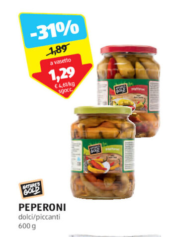 ALDI NATURE'S GOLD PEPERONI dolci/piccanti 600 g offerta