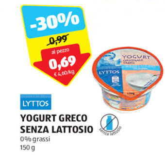 ALDI LYTTOS YOGURT GRECO SENZA LATTOSIO 0% grassi 150 g offerta