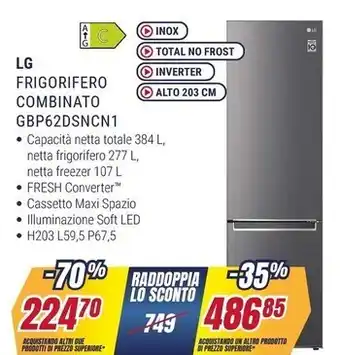 Trony Lg frigorifero combinato gbp6dsncn1 offerta