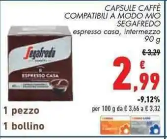 Conad CAPSULE CAFFÈ COMPATIBILI A MODO MIO SEGAFREDO espresso casa, intermezzo 90g offerta