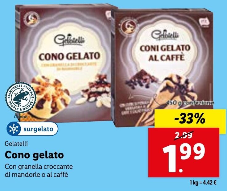 Gelatelli Cono gelato Con granella croccante di mandorle o al caffè