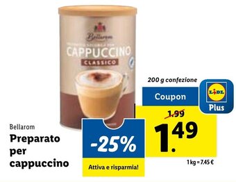 Lidl Bellarom Preparato per cappuccino 200 g confezione offerta