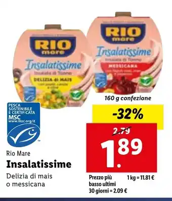 Lidl Rio Mare Insalatissime Delizia di mais o messicana 160 g confezione offerta