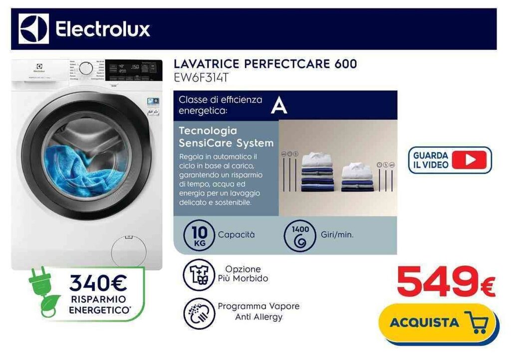 Electrolux LAVATRICE PERFECTCARE 600 EW6F314T offerta di Euronics