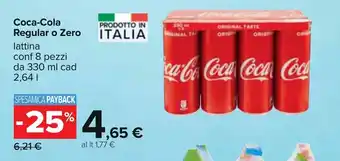 Carrefour Coca-Cola Regular o Zero lattina conf 8 pezzi da 330 ml cad 2,64 l offerta