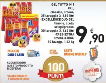 Conad GEL TUTTO IN 1 PRIL classico, limone, 35 lavaggi x 3, 1,89 litri offerta