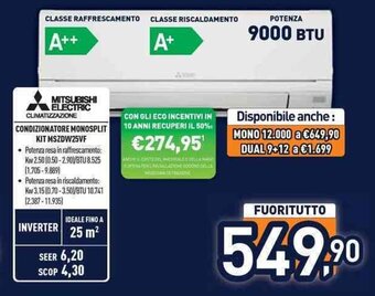 Unieuro MITSUBISHI ELECTRIC CONDIZIONATORE MONOSPLIT KIT MSZDW25VF offerta