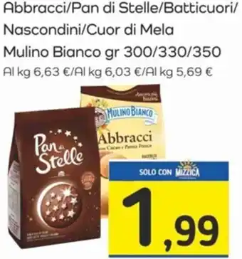 Famila Abbracci/Pan di Stelle/Batticuori/ Nascondini/Cuor di Mela Mulino Bianco gr 300/330/350 offerta