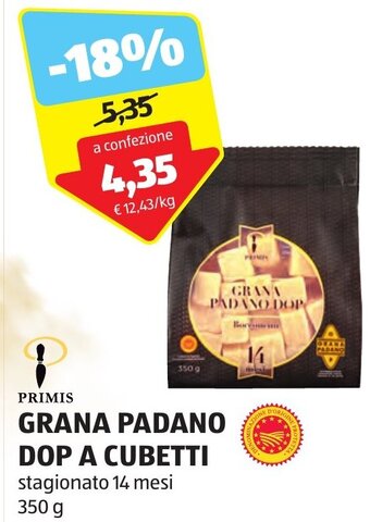 ALDI PRIMIS GRANA PADANO DOP A CUBETTI stagionato 14 mesi 350 g offerta