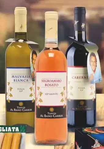MD Discount MALVASIA BIANCA IGP NEGROAMARO ROSATO IGP CABERNET IGP TENUTE AL BANO CARRISI cl 75 offerta