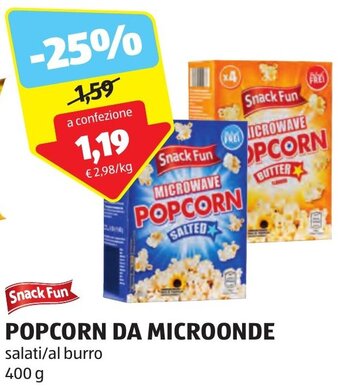 ALDI Snack Fun POPCORN DA MICROONDE salati/al burro 400 g offerta