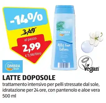 ALDI OMBRAsun trattamento intensivo per pelli stressate dal sole, idratazione per 24 ore, con pantenolo e aloe vera 500 ml offerta