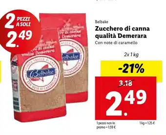 Lidl Belbake Zucchero di canna qualità Demerara 2x 1kg offerta
