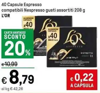 Iper La Grande 40 Capsule Espresso compatibili Nespresso gusti assortiti 208 g L'OR offerta