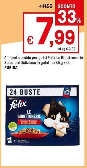 Iper La Grande Alimento umido per gatti Felix Le Ghiottonerie Selezioni Deliziose in gelatina 85 g x24 PURINA offerta