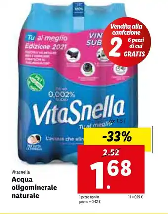 Lidl Vitasnella Acqua oligominerale naturale 6x 1,5l offerta