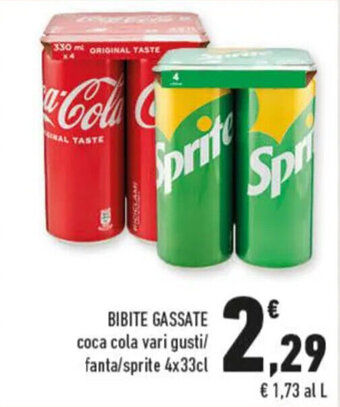 Conad BIBITE GASSATE coca cola vari gusti/ fanta/sprite 4x33cl offerta