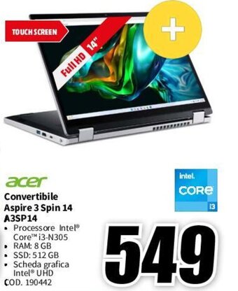 MediaWorld acer Convertibile Aspire 3 Spin 14 A3SP14 offerta