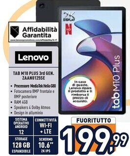Unieuro Lenovo tab m10 plus (3rd gen) 128 gb 26,9 cm (10.6) mediatek 4 gb wi-fi 5 (802.11ac) android 12 grigio offerta