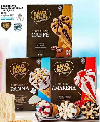 Eurospin CONI GELATO PANNA/AMARENA/ CAFFÈ, 6 PZ 450 g offerta