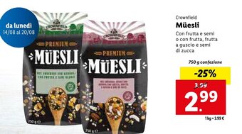Lidl Crownfield Müesli 750 g confezione offerta