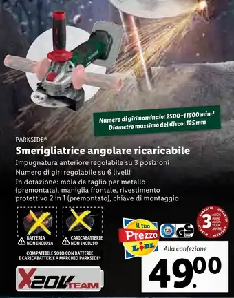 Lidl PARKSIDEⓇ Smerigliatrice angolare ricaricabile offerta