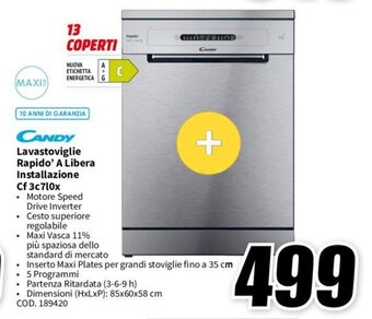 MediaWorld CANDY Lavastoviglie Rapido' A Libera Installazione Cf 3c710x offerta