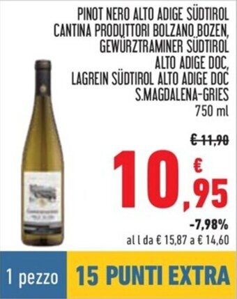 Conad PINOT NERO ALTO ADIGE SÜDTIROL CANTINA PRODUTTORI BOLZANO BOZEN, GEWÜRZTRAMINER SÜDTIROL ALTO ADIGE DOC 750 ml offerta